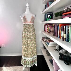 Miss June Paris Mencia Maxi Dress. Size OS S/M Tropical Floral Halter Tie